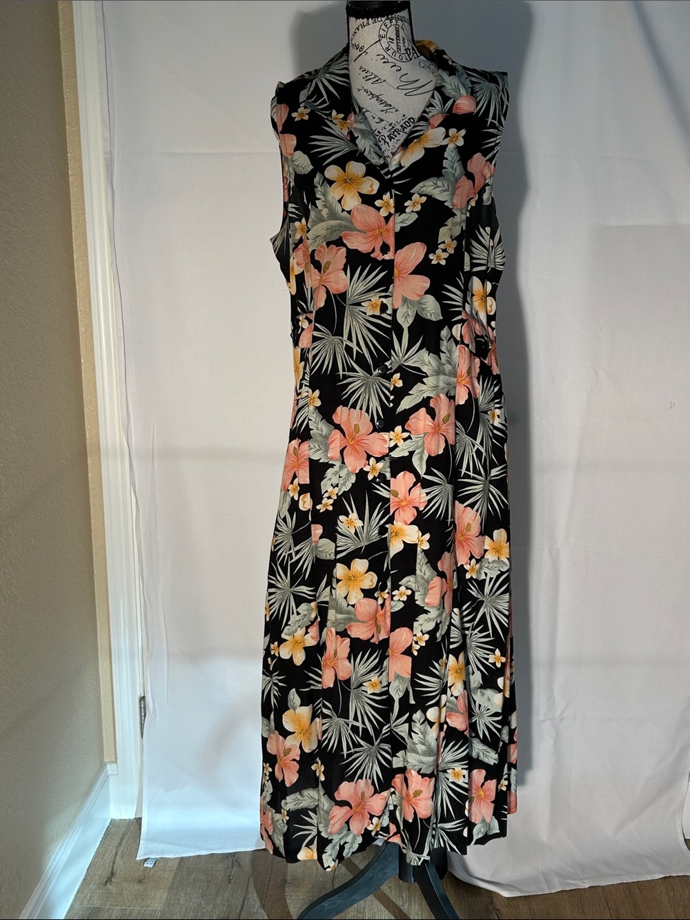 Sleeveless Black Floral Maxi/Sun Dress with Peach & Yellow Blooms